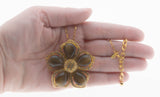 Golden Flower -  Estate Signed 'Joan Rivers' Gold Plate Glass Tiger Eye & Crystal Rhine Stone Pendant/Brooch (EP064)