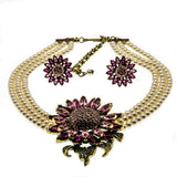 Full Bloom - Vintage Signed 'Heidi Daus' Bronze Toned Metal Austrian Swarovski Crystal & Faux Pearl Necklace & Earring Set (VN177)