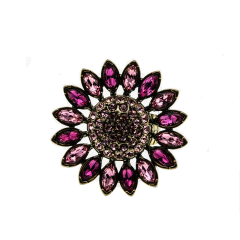 Full Bloom - Vintage Signed 'Heidi Daus' Bronze Toned Metal Austrian Swarovski Crystal Rhinestone Statement Flower Ring (VR866)