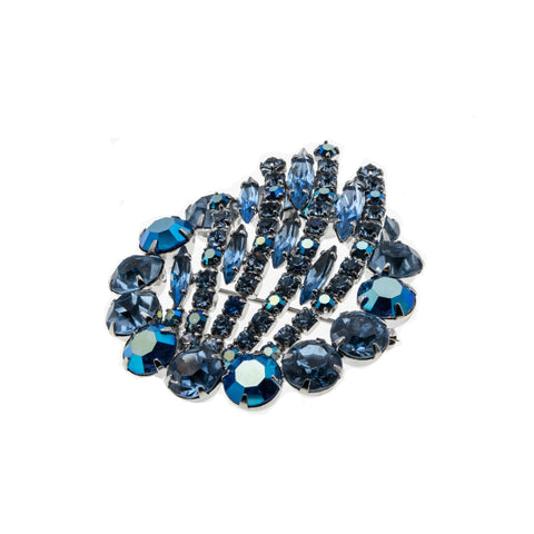 Shades Of Blue - Vintage 'Continental' Rhodium Plated Austrian Swarovski Crystal Rhinestone Brooch (VBR234)