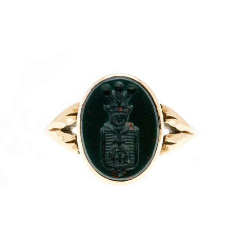 Antique Coat Of Arms - Victorian English 9K Rose Gold Natural Carved Bloodstone Seal Intaglio Ring (VICR160)