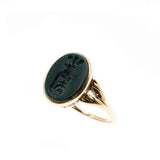 Antique Coat Of Arms - Victorian English 9K Rose Gold Natural Carved Bloodstone Seal Intaglio Ring (VICR160)