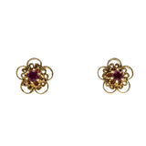 Crimson Flowers - Vintage 14K Gold Natural Ruby Flower Stud Earrings (VE517)