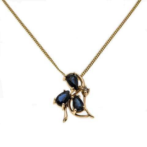 Jeweled Flower - Vintage 10K Gold Sapphire & Diamond Flower Pendant & Chain (VP196)