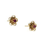 Crimson Flowers - Vintage 14K Gold Natural Ruby Flower Stud Earrings (VE517)