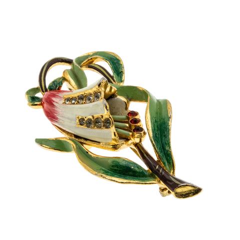 Bell Flower- Vintage Signed 'Coro' Gold Plated Crystal Rhinestone Enamel Trembler Flower Brooch (VBR351)
