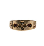Petite Point  - Victorian Circa 1890 14K Gold Natural Garnet  & Seed Pearl Engraved Gypsy Ring (VICR185)