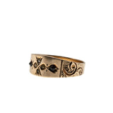 Petite Point  - Victorian Circa 1890 14K Gold Natural Garnet  & Seed Pearl Engraved Gypsy Ring (VICR185)
