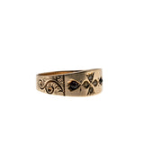 Petite Point  - Victorian Circa 1890 14K Gold Natural Garnet  & Seed Pearl Engraved Gypsy Ring (VICR185)