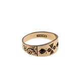 Petite Point  - Victorian Circa 1890 14K Gold Natural Garnet  & Seed Pearl Engraved Gypsy Ring (VICR185)