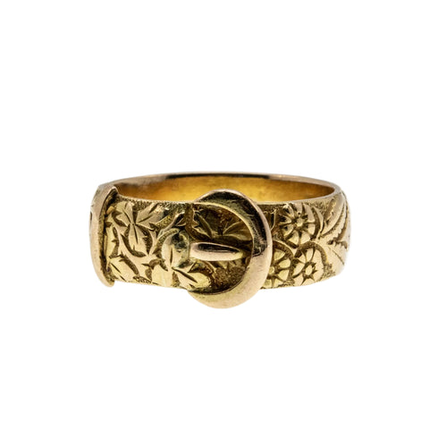 On This Day In 1894 - Victorian English 18K Gold Carved 'Forget Me Knot & Foliage' Buckle Band Ring (VICR186)