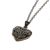 Beloved - Vintage Sterling Silver Rose Cut Marcasite Heart Locket Pendant & Chain (VP199)