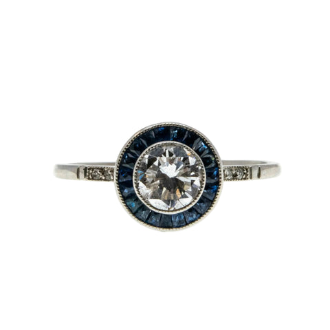 Blue Aura - Art Deco Platinum Natural Transitional Cut, Rose Cut Diamond & French Cut Sapphire Target Ring (ADR295)
