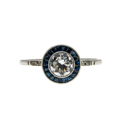 Blue Aura - Art Deco Platinum Natural Transitional Cut, Rose Cut Diamond & French Cut Sapphire Target Ring (ADR295)