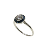 Blue Aura - Art Deco Platinum Natural Transitional Cut, Rose Cut Diamond & French Cut Sapphire Target Ring (ADR295)