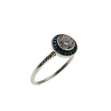 Blue Aura - Art Deco Platinum Natural Transitional Cut, Rose Cut Diamond & French Cut Sapphire Target Ring (ADR295)