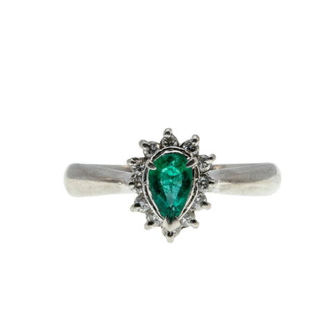 Rain Forest - Vintage Platinum Natural Shaped Pear Emerald  & Diamond Cluster Ring (VR1116)