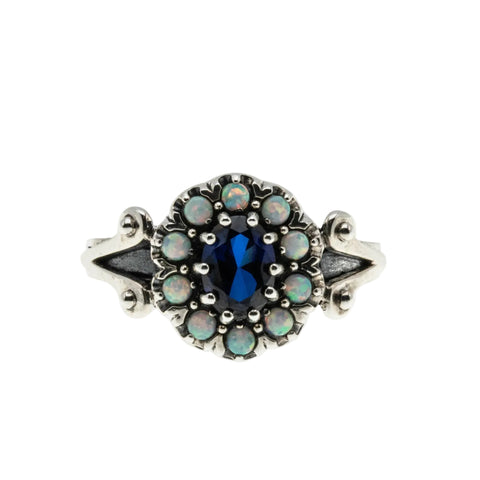 Indigo & Colour - Estate Sterling Silver Sapphire & Opal Cluster Ring (ER443)