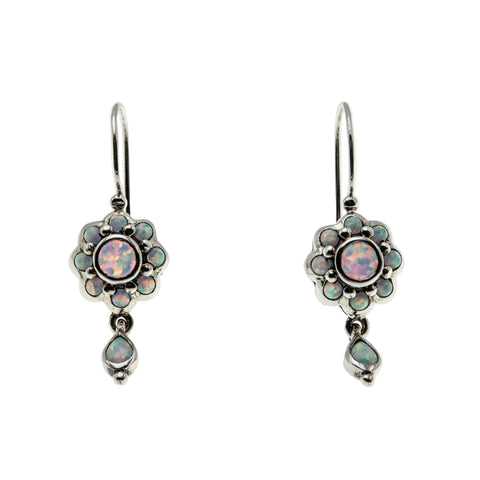 Clusters Of Colour - Estate Sterling Silver Opal Daisy Flower Dangly Earrings (EE242)