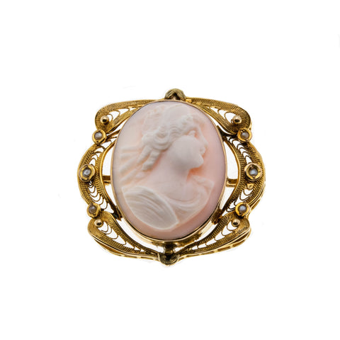 Portrait of A Goddess - Victorian Signed 10K Gold Carved Angel Skin Coral Cameo & Natural Pearl Brooch (VICBR026)