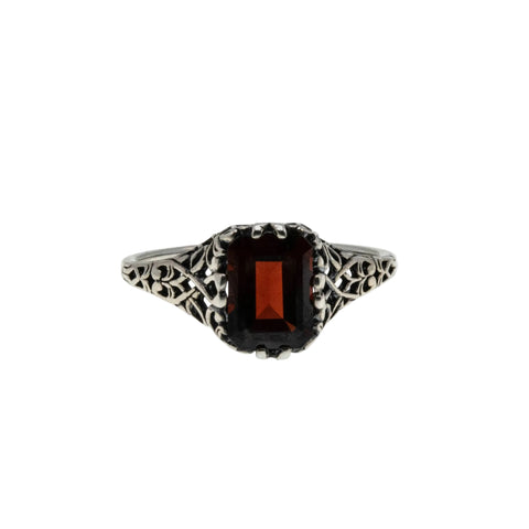 Vibrance & Lace  - Estate Sterling Silver Natural Emerald Cut Garnet Filigree Ring (ER446)
