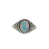 Colourful Coronet - Estate Sterling Silver Opal Filigree Carved Ring (ER447)