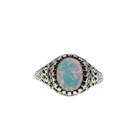 Colourful Coronet - Estate Sterling Silver Opal Filigree Carved Ring (ER447)