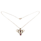 Pink Promenade - Edwardian Art Nouveau English 9K Rose Gold Pink Sapphire Paste Flower & Foliage Lavalier Pendant & 14K Rose Gold Fill Chain (EDP036)