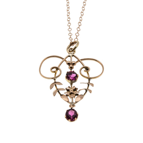 Pink Promenade - Edwardian Art Nouveau English 9K Rose Gold Pink Sapphire Paste Flower & Foliage Lavalier Pendant & 14K Rose Gold Fill Chain (EDP036)