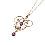 Pink Promenade - Edwardian Art Nouveau English 9K Rose Gold Pink Sapphire Paste Flower & Foliage Lavalier Pendant & 14K Rose Gold Fill Chain (EDP036)