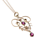 Pink Promenade - Edwardian Art Nouveau English 9K Rose Gold Pink Sapphire Paste Flower & Foliage Lavalier Pendant & 14K Rose Gold Fill Chain (EDP036)