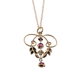 Pink Promenade - Edwardian Art Nouveau English 9K Rose Gold Pink Sapphire Paste Flower & Foliage Lavalier Pendant & 14K Rose Gold Fill Chain (EDP036)