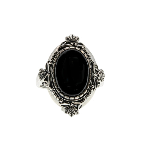 Drama Queen - Estate 'Victorian Art Nouveau Revival' Sterling Silver Natural Black Agate Cabochon Foliage Ring (ER449)