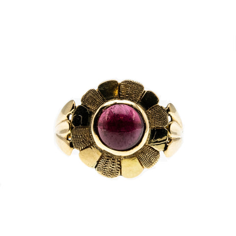 Flower Power - Vintage 14K Gold Natural Ruby Cabochon Flower Ring (VR884)