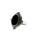 Drama Queen - Estate 'Victorian Art Nouveau Revival' Sterling Silver Natural Black Agate Cabochon Foliage Ring (ER449)