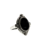 Drama Queen - Estate 'Victorian Art Nouveau Revival' Sterling Silver Natural Black Agate Cabochon Foliage Ring (ER449)