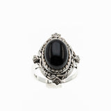 Drama Queen - Estate 'Victorian Art Nouveau Revival' Sterling Silver Natural Black Agate Cabochon Foliage Ring (ER449)