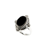 Drama Queen - Estate 'Victorian Art Nouveau Revival' Sterling Silver Natural Black Agate Cabochon Foliage Ring (ER449)