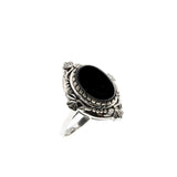 Drama Queen - Estate 'Victorian Art Nouveau Revival' Sterling Silver Natural Black Agate Cabochon Foliage Ring (ER449)