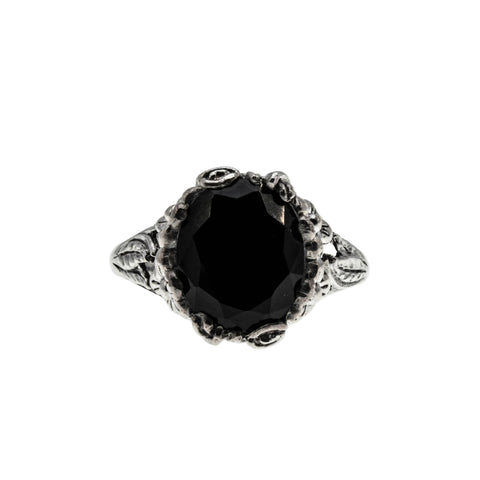 Flowers & Foliage - Estate Victorian Art Nouveau Revival Sterling Silver Natural Black Agate Open-Work Ring (ER450)