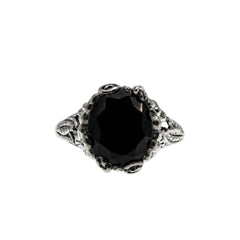 Flowers & Foliage - Estate Victorian Art Nouveau Revival Sterling Silver Natural Black Agate Open-Work Ring (ER450)