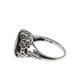 Flowers & Foliage - Estate Victorian Art Nouveau Revival Sterling Silver Natural Black Agate Open-Work Ring (ER450)