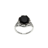 Flowers & Foliage - Estate Victorian Art Nouveau Revival Sterling Silver Natural Black Agate Open-Work Ring (ER450)