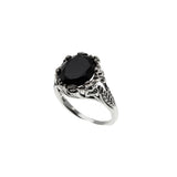Flowers & Foliage - Estate Victorian Art Nouveau Revival Sterling Silver Natural Black Agate Open-Work Ring (ER450)