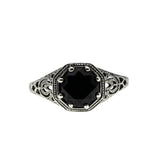 Edwardian Revival - Estate Sterling Silver Natural Black Agate Filigree Ring (ER451)