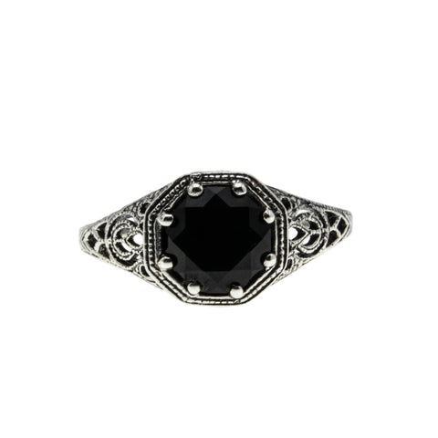 Edwardian Revival - Estate Sterling Silver Natural Black Agate Filigree Ring (ER451)