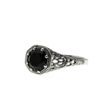 Edwardian Revival - Estate Sterling Silver Natural Black Agate Filigree Ring (ER451)