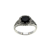Edwardian Revival - Estate Sterling Silver Natural Black Agate Filigree Ring (ER451)