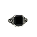 Black Beauty - Estate Sterling Silver Natural Emerald Cut Black Agate Filigree Ring (ER452)