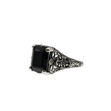 Black Beauty - Estate Sterling Silver Natural Emerald Cut Black Agate Filigree Ring (ER452)